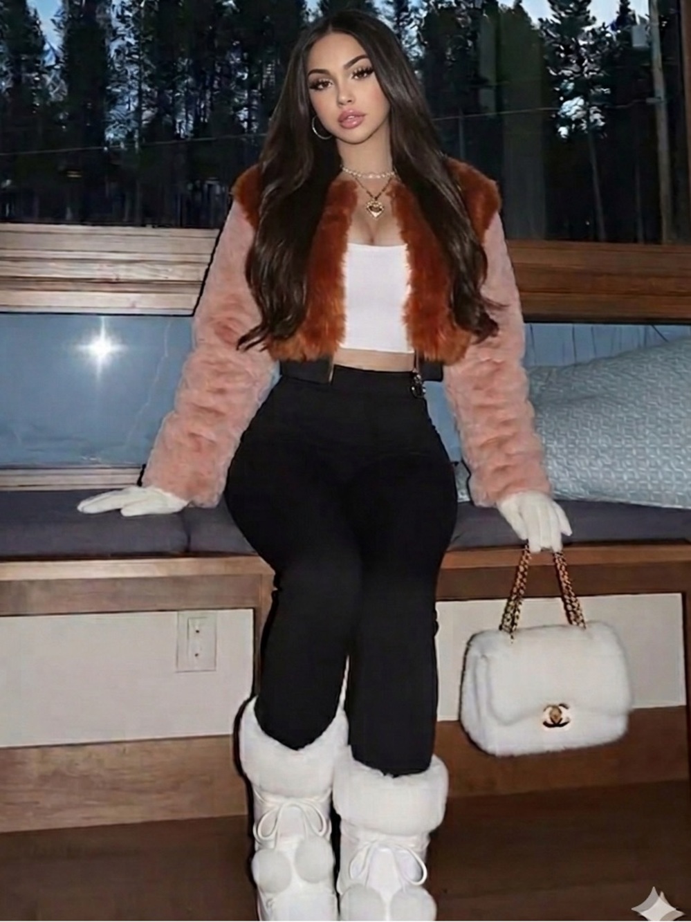 NWT Shaci Blue Pink Brown Belfast Faux Fur Crop Jacket Size: S